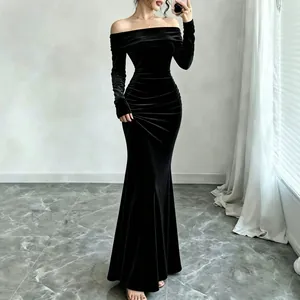 Elegant black velvet off-the-shoulder long sleeve bodycon evening maxi dress for women