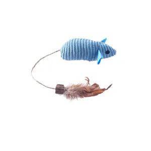 Blue corduroy mouse cat toy featuring silvervine and feathers for indoor pet fun