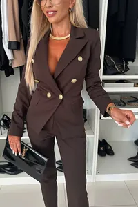 Detail view of women's professional chocolate brown double-breasted blazer suit set