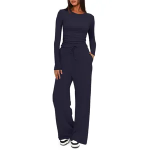 Premium women's solid long-sleeve loungewear set with high-waist wide-leg pants