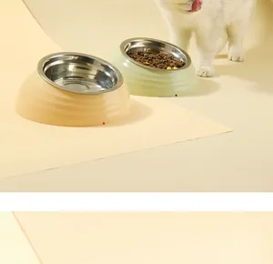 Gros plan de bols inclinés en acier inoxydable pour la protection cervicale des chats en studio