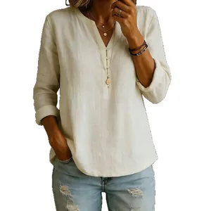 Elegant women's white cotton linen V-neck buttoned long sleeve blouse top shirt