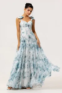 Elegant long floral organza off-shoulder evening dress featuring tiered skirt for women