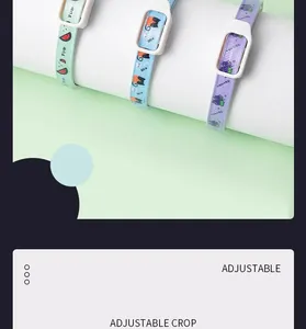 Detail view of adjustable pet collars featuring colorful fruit and animal patterns