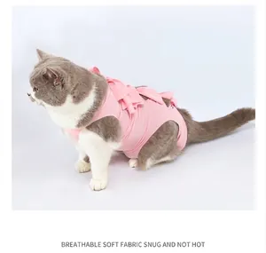 Side view of a cat wearing a pink soft breathable sterilization recovery suit