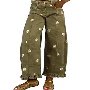Vintage Y2K olive green wide-leg jeans with floral print and ruffle hem details