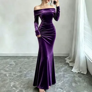 Elegant purple velvet off-the-shoulder bodycon evening maxi dress for stylish women.