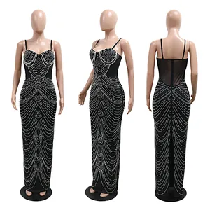 Front side and back views of a black evening dress with pearl and rhinestone details.