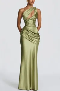 Elegant sage green satin one-shoulder mermaid gown with cutout and ruched detailing