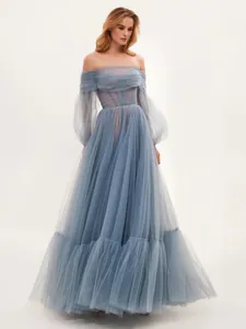 Women Off Shoulder Mesh Long Sleeve Wedding Dress Elegant Big Swing Ball Gown Corset Back Formal Party Maxi Dress Polyester