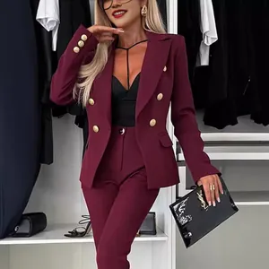 Women's Professional Blazer Suit Set Double-Breasted Gold Buttons Office Trousers Top And Bottom Elegant Business Outfit