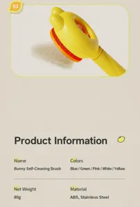 Product detail for rabbit-head self-cleaning pet brush with usage guide and specs