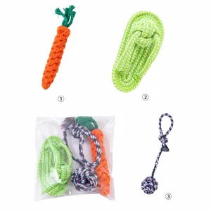 Detailed view of the 3-piece dog rope toy set including carrot and sandal shapes