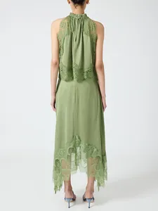 Back view detail showing intricate lace patchwork on olive green sleeveless two-piece set