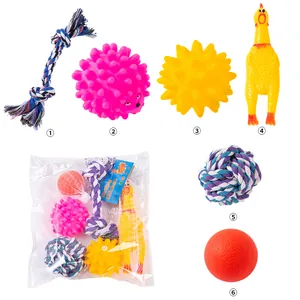 6-piece pet dog toy set featuring cotton rope knots, spiky balls, and a squeaky chicken