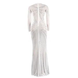 Elegant white mesh floor-length evening dress with sparkling rhinestone patterns