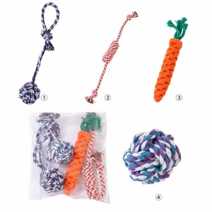 Vue détaillée de jouets à mâcher en corde de coton pour chiens en forme de carotte.