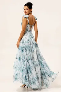 Elegant blue floral organza maxi dress with lace-up back and ruffled tiered skirt