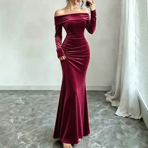 Elegant burgundy velvet off-the-shoulder maxi dress for winter formal evening events