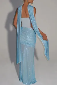 Elegant light blue sequined strapless evening gown with long sashes shown from the back