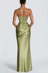 Back view of a sage green satin one-shoulder evening gown with corset lace-up detail