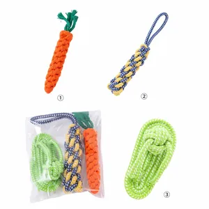Three-piece dog rope toy set including carrot, bone, and slipper shapes with packaging