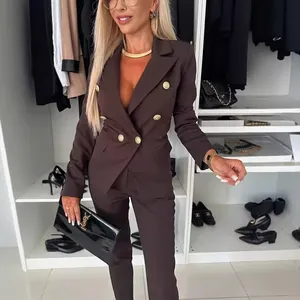 Professional brown double-breasted women's blazer suit set with decorative gold buttons