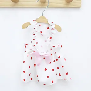 White pet summer dress with red heart print and pink bow for small dogs and cats