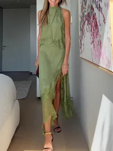 Elegant olive green two-piece set with sleeveless lace top and high slit skirt