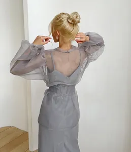 Elegante Rückansicht einer grauen, transparenten Netzbluse mit Puffärmeln im Y2K-Stil