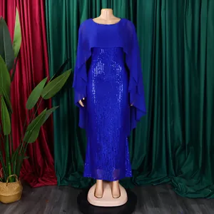 Elegantes elektrisch blaues Pailletten-Abendkleid mit einem fließenden Chiffon-Cape