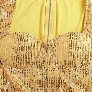 Detail of a sparkling gold sequined dress featuring a bodice with zipper closure.