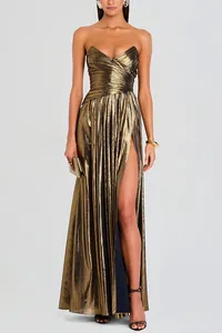 Elegant metallic gold strapless evening dress with high slit and pleated bodice