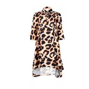 Chic leopard print shirt dress featuring a classic lapel collar and trendy high-low hem