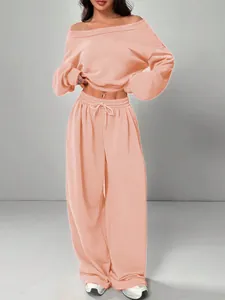 Ensemble deux pièces sweat à épaules dénudées pêche et pantalon large à cordon pour femme