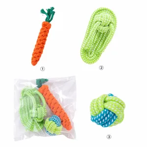 Detail view of 3-piece dog rope toy set featuring carrot, slipper and ball shapes