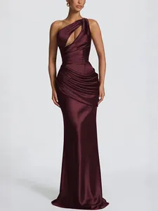 Women's Satin One Shoulder Mermaid Dress Elegant Cut-out Pleated Waist Back Lace-up Long Evening Party Formal Gown