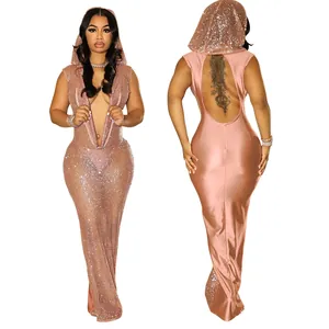 Robe longue rose sexy à paillettes avec capuche, décolleté en V profond et mesh
