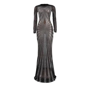 Full view of black mesh floor-length dress with radiant silver rhinestone patterns
