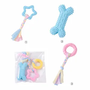 Detailansicht eines 3-teiligen Hundekauspielzeug-Sets mit Knochen- und Seilspielzeug