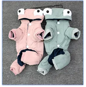 Detail view of thickened fleece dog winter jumpsuits with cute frog hoods for pets.