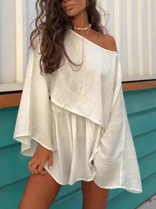 Stylish white off-shoulder loose long sleeve top and matching shorts two-piece set for women