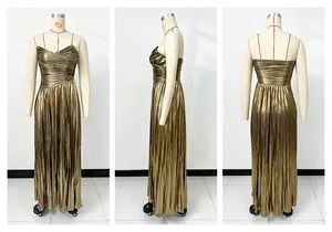 Detailed front, side, and back views of a metallic gold pleated evening gown