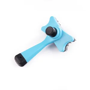 Detailed view of a professional blue self-cleaning pet slicker brush for dogs and cats