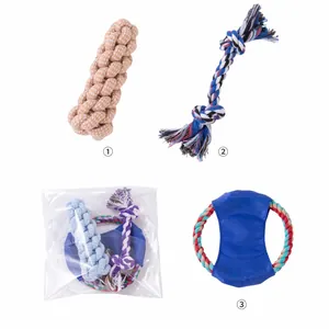 Detailed macro view of durable cotton rope dog chew toys set and product packaging