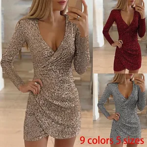 Women's Sexy V-Neck Sequin Dress Long Sleeve Irregular Hem Bodycon Mini Party Dress Elegant Polyester Sparkling Evening Gown