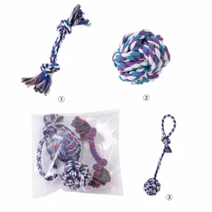 Detailed view of three-piece braided cotton rope dog chew toy set with packaging