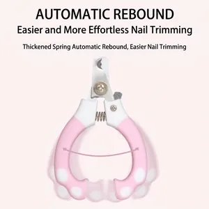 Stainless steel pet nail clipper with automatic rebound pink paw handles.