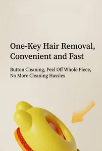 Detail of self-cleaning pet grooming brush with rabbit ears and hair removal button
