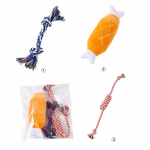 Detailed view of durable dog chew rope and plush chicken leg toy set in clear packaging